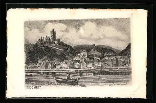 Künstler-AK Cochem, Ortspartie mit Burg