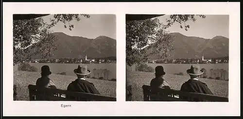 Stereo-Fotografie unbekannter Fotograf, Ansicht Egern / Tegernsee, Seeblick mit Panorama der Ortschaft