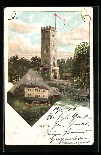 Künstler-AK Zeno Diemer: Lautertal, Ohly-Thurm auf dem Felsberg, Hotel