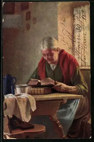 AK Alte Frau, lesend an einem Tisch