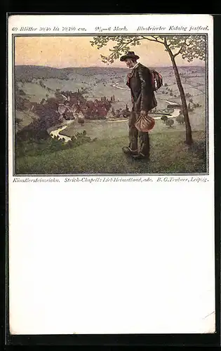 AK Wanderer mit Tasche und Bündel nimmt Abschied vom Heimatort