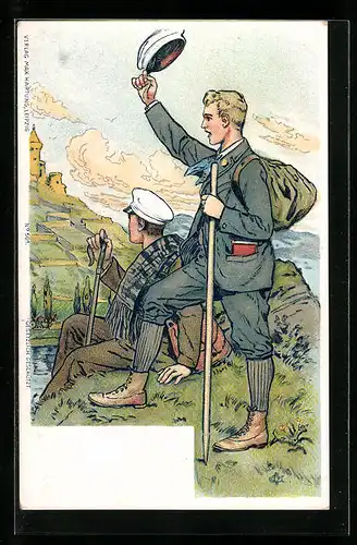 Lithographie Zwei wanderernde Studenten geniessen den schönen Asublick