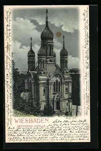 Mondschein-AK Wiesbaden, Griechische Kapelle aus der Vogelschau