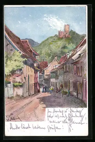 Künstler-AK Waldkirch, Strassenpartie mit Burg