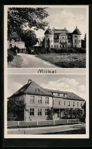 AK Milkel bei Bautzen, Gebäude mit Strasse, Schloss