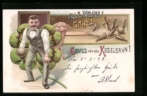 Lithographie Alle Neune Gut Holz!, Kegler mit Kugel, Glöücksklee und Schwein