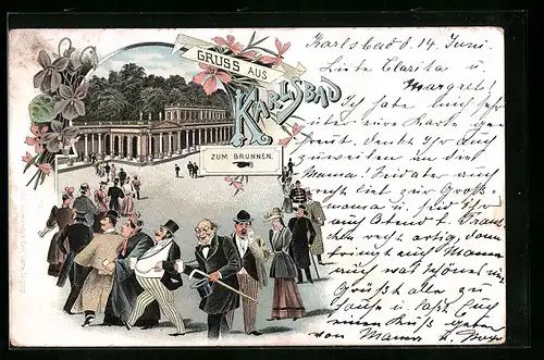 Lithographie Karlsbad, Kurgäste in einer Schlange vor dem Brunnen-Gebäude