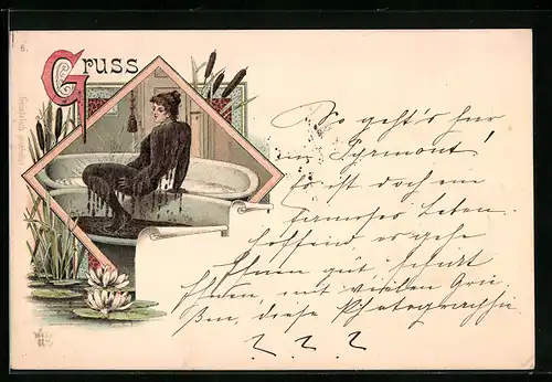 Lithographie Junge Dame steigt aus dem Moorbad, Seeidylle