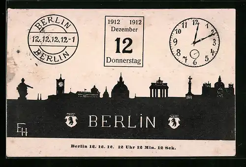 AK Berlin, Panorama der Stadt als Schattenbild, Datum 12.12.12, 12 Uhr