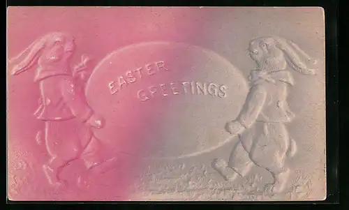 Präge-Airbrush-AK Zwei Osterhasen halten ein Ei mit Aufschrift Easter-Greetings