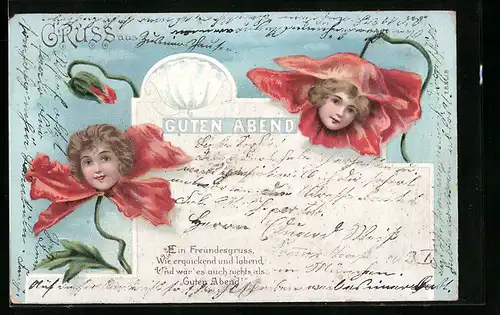 Lithographie Guten Abend, Mohnblumen mit Frauenköpfen
