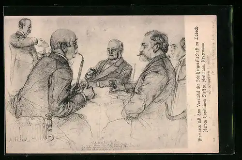 AK Bismarck mit dem Vorstand der Schiffergesellschaft zu Lübeck Herren Capitainen Steffen, Heitmann, Nevermann