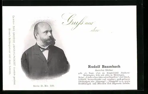 AK Rudolf Baumbach, Deutscher Dichter, Geb. 1840