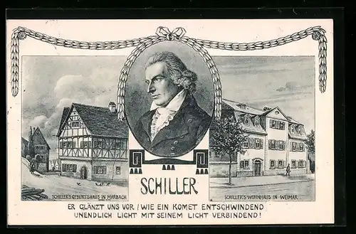 Künstler-AK Marbach, Schiller`s Geburtshaus, Schiller`s Wohnhaus in Weimar, Portrait