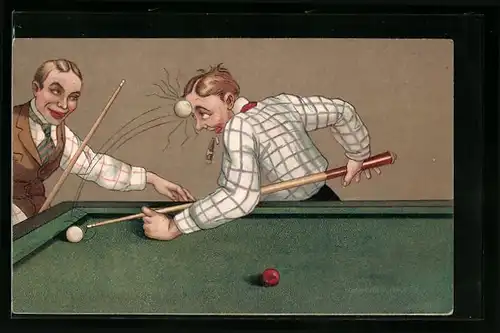 Präge-AK Mann bekommt beim Billard Kugel gegen den Kopf
