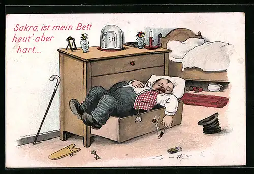 AK Betrunkener schläft in der Kommode, Trinkerhumor