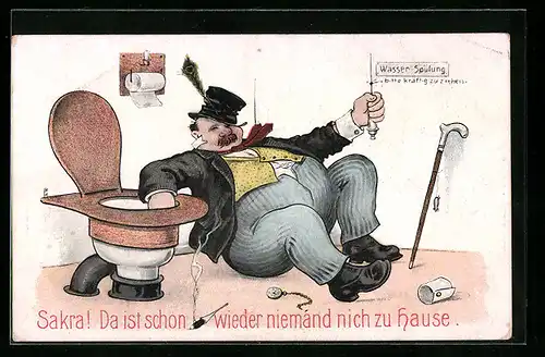 AK Mann mit Zylinderhut liegt neben einer Toilette