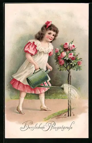 AK Kleine Gärtnerin giesst einen Rosenstrauch