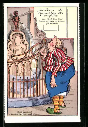 AK Beleibte Frau betrachtet das Manneken Pis