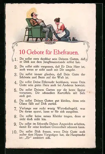 AK 10 Gebote für Ehefrauen, frauenfeindlicher Humor