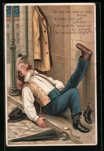 Künstler-AK Trunkenbold schläft am Rinnstein, Trinkerhumor