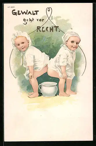 Lithographie Gewalt geht vor Recht, Zwei Kinder am Nachttopf, Toilettenhumor