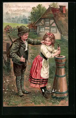 Präge-AK Wie die alten sungen so zwitschern die Jungen, Mädchen beim Buttern