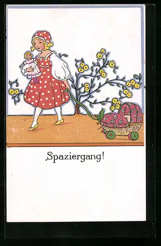 Künstler-AK Spaziergang!, Mädchen mit ihrem Puppenwagen