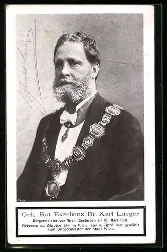 AK Geh. Rat Exzellenz Bürgermeister Carl Lueger, Bildnis mit Amtskette