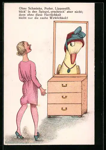 Künstler-AK Ohne Schminke, Puder, Lippenstift, blick` in den Spiegel, erschreck` aber nicht.., frauenfeindlicher Humor