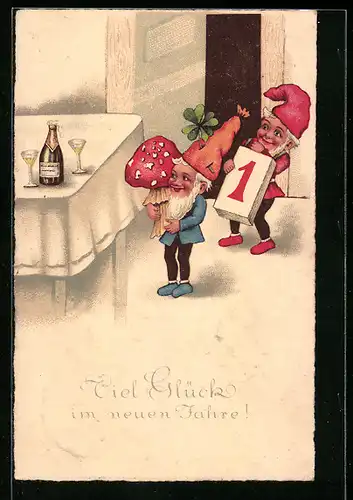 AK Zwerge mit Fliegenpilz und Kalender