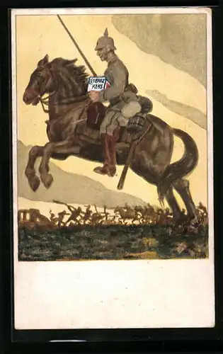 Künstler-AK Soldat auf dem Pferd mit Leibnitz Keks