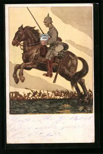 Künstler-AK Soldat auf dem Pferd mit Leibnitz Keks