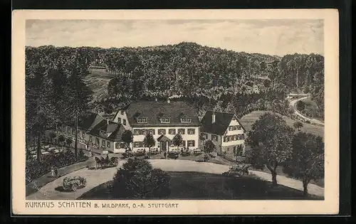 Künstler-AK Wildpark bei Vaihingen, Kurhaus Schatten mit Strasse aus der Vogelschau