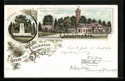 Lithographie Stuttgart-Hasenberg, Gasthof Jägerhaus mit Aussichtsturm und Besuchern, Hauff-Denkmal