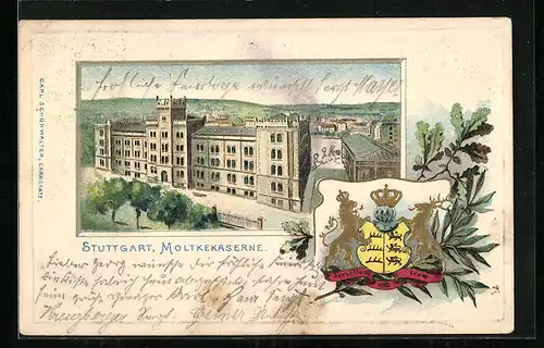 Passepartout-Lithographie Stuttgart, Moltkekaserne mit Wappen