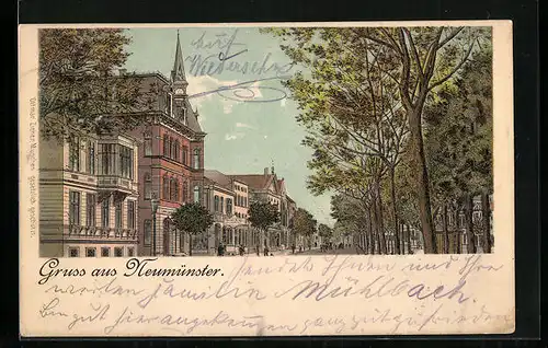 Lithographie Neumünster, Strassenpartie mit Kirche