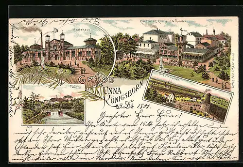 Lithographie Unna Königsborn, Badehaus, Teich, Gradirwerke, Kurhaus