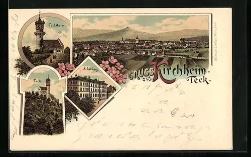 Lithographie Kirchheim-Teck, Teckthurm, Schulhaus, Teck