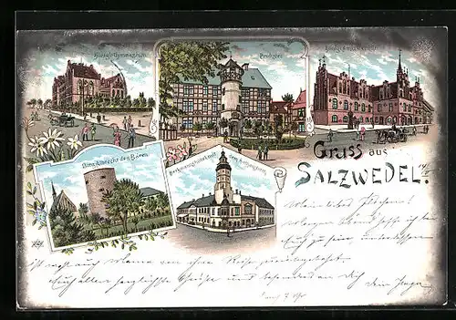 Lithographie Salzwedel, Königl. Gymnasium, Burg Albrecht des Bären, Probstei