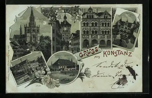 Mondschein-Lithographie Konstanz, Münster, Inselhotel, Rathaus