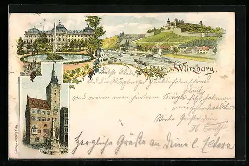 Lithographie Würzburg, Flusspartie mit Dampfern, Kirche, Schloss