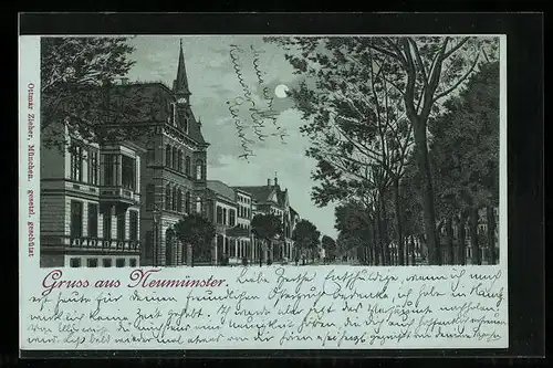 Mondschein-Lithographie Neumünster, Strassenpartie mit Häusern