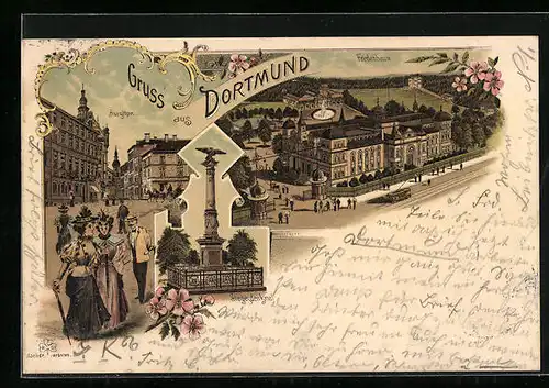 Lithographie Dortmund, Burgthor, Fredenbaum, Siegesdenkmal