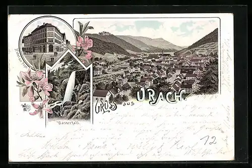 Vorläufer-Lithographie Urach, 1894, Wasserfall, Hotel zur Post