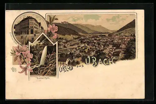 Lithographie Urach, Hotel zur Post und Wasserfall