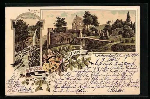 Lithographie Urach, Ruine und Uracher Wasserfall