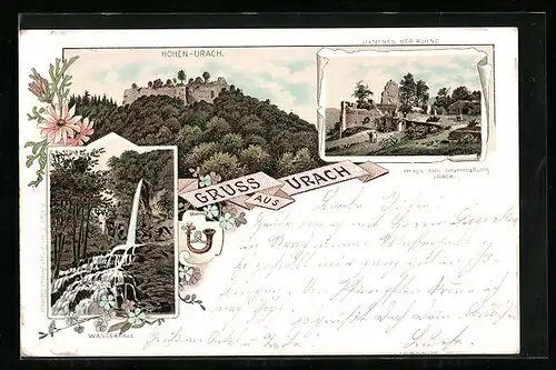 Lithographie Urach, Hohen-Urach, Wasserfall, Inneres der Ruine