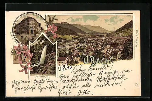 Lithographie Urach, Ortsansicht mit Hotel zur Post, Wasserfall