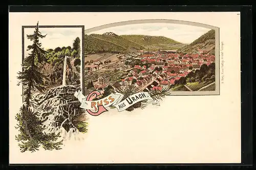 Lithographie Urach, Ortsansicht mit Wasserfall